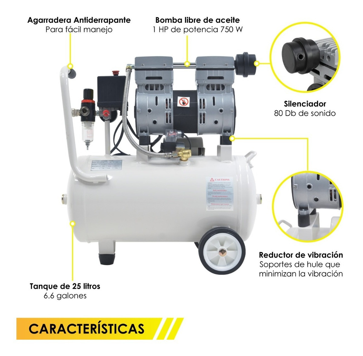 Compresor Aire Electrico Portatil 25L Silencioso 1hp 116 psi  Tanque Portatil Libre de Aceite 2 Pistones Gutstark