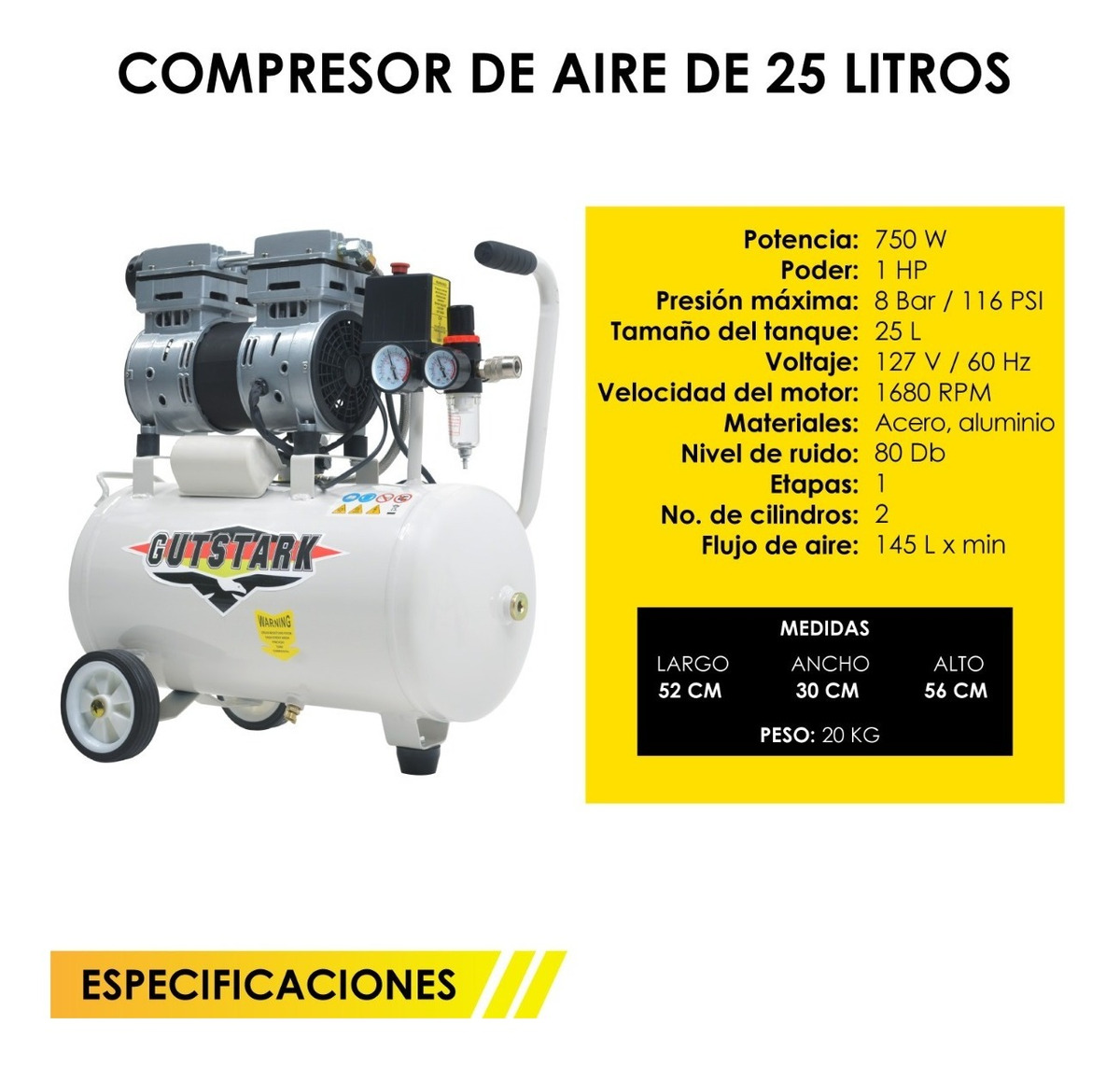 Compresor Aire Electrico Portatil 25L Silencioso 1hp 116 psi  Tanque Portatil Libre de Aceite 2 Pistones Gutstark