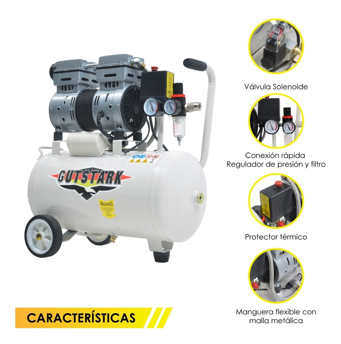 Compresor Aire Electrico Portatil 25L Silencioso 1hp 116 psi  Tanque Portatil Libre de Aceite 2 Pistones Gutstark