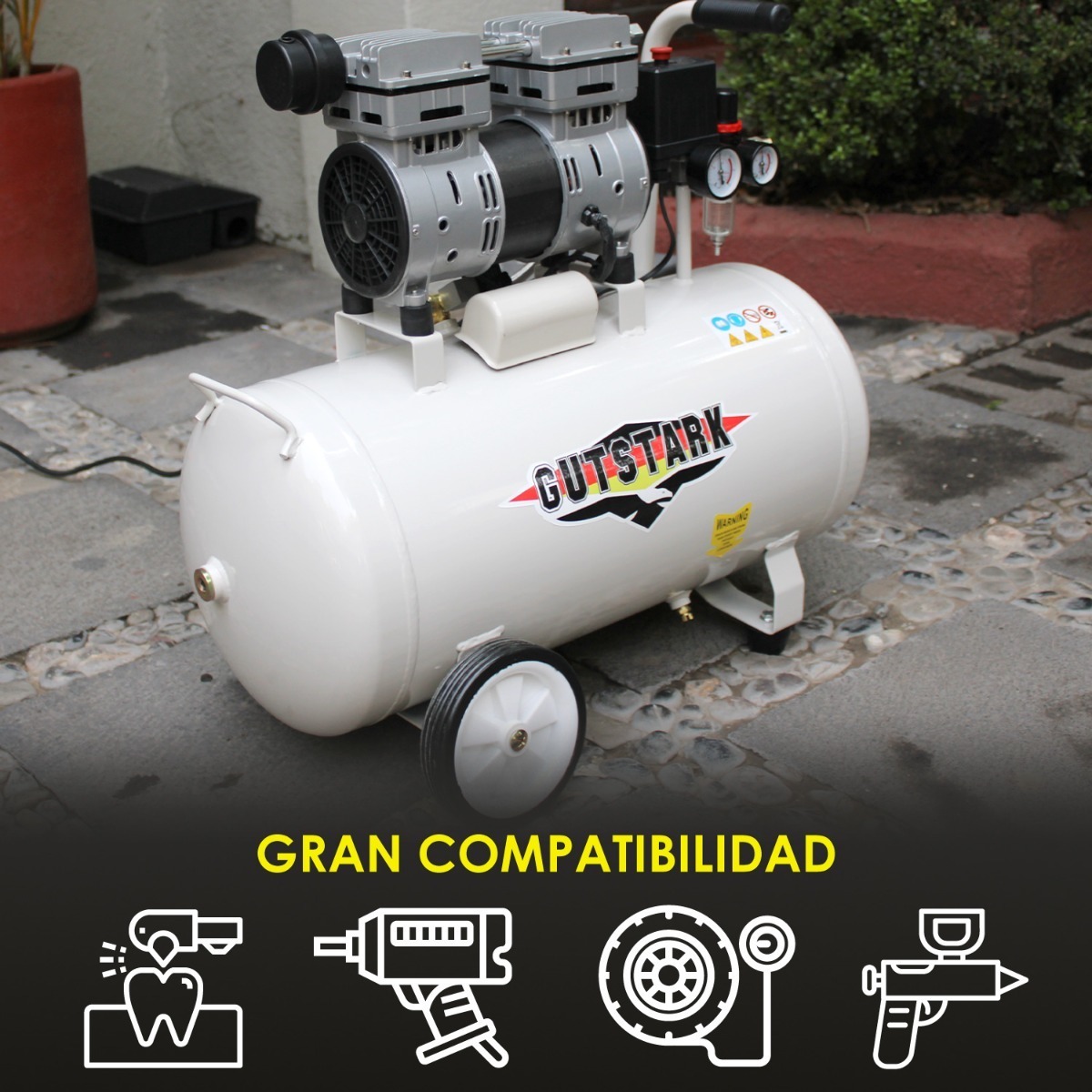 Compresor Aire Electrico Portatil 25L Silencioso 1hp 116 psi  Tanque Portatil Libre de Aceite 2 Pistones Gutstark