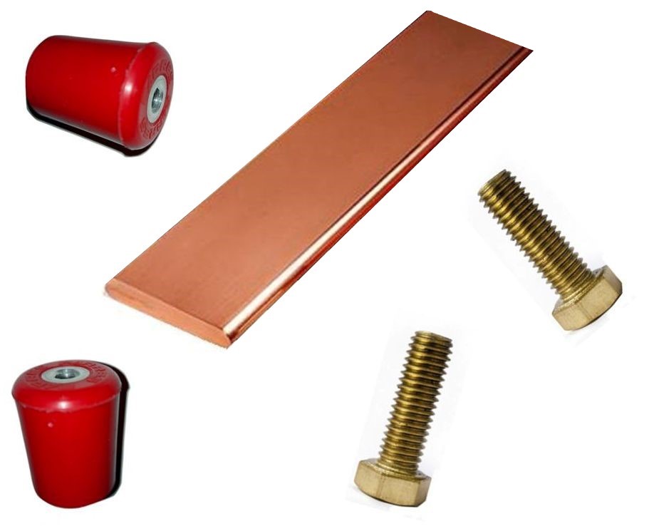 Kit Barra Cobre Tierra Física 1/4x1 1/2x19 pulgadas con Aisladores y Tornillos de Bronce Al Silicio