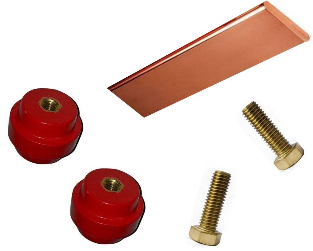 Kit Barra Cobre Tierra Física 1/4x2x19 pulgadas con Aisladores y Tornillos de Bronce Al Silicio
