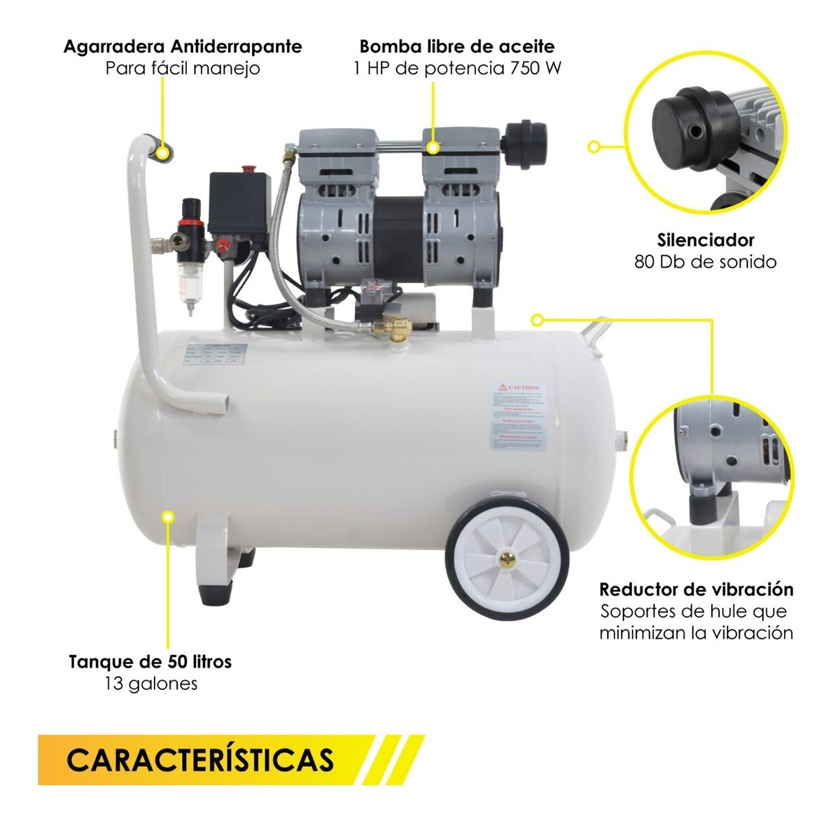 Compresor Aire Electrico 50L Silencioso 1hp 116 psi Tanque Portatil Libre de Aceite 750 W  1680 RPM Gutstark
