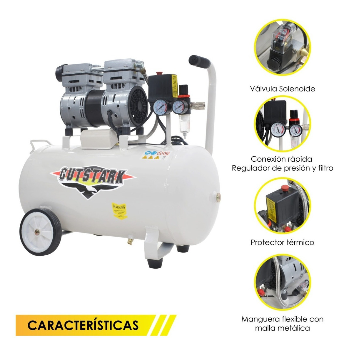 Compresor Aire Electrico 50L Silencioso 1hp 116 psi Tanque Portatil Libre de Aceite 750 W  1680 RPM Gutstark