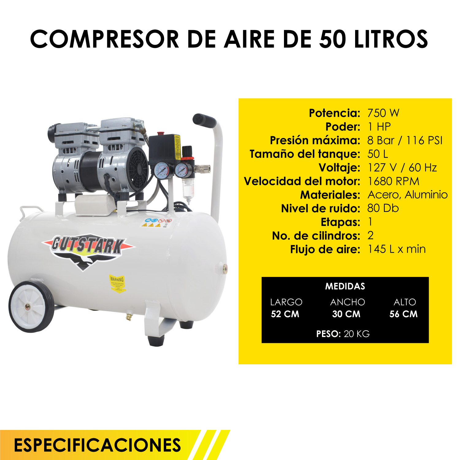 Compresor Aire Electrico 50L Silencioso 1hp 116 psi Tanque Portatil Libre de Aceite 750 W  1680 RPM Gutstark