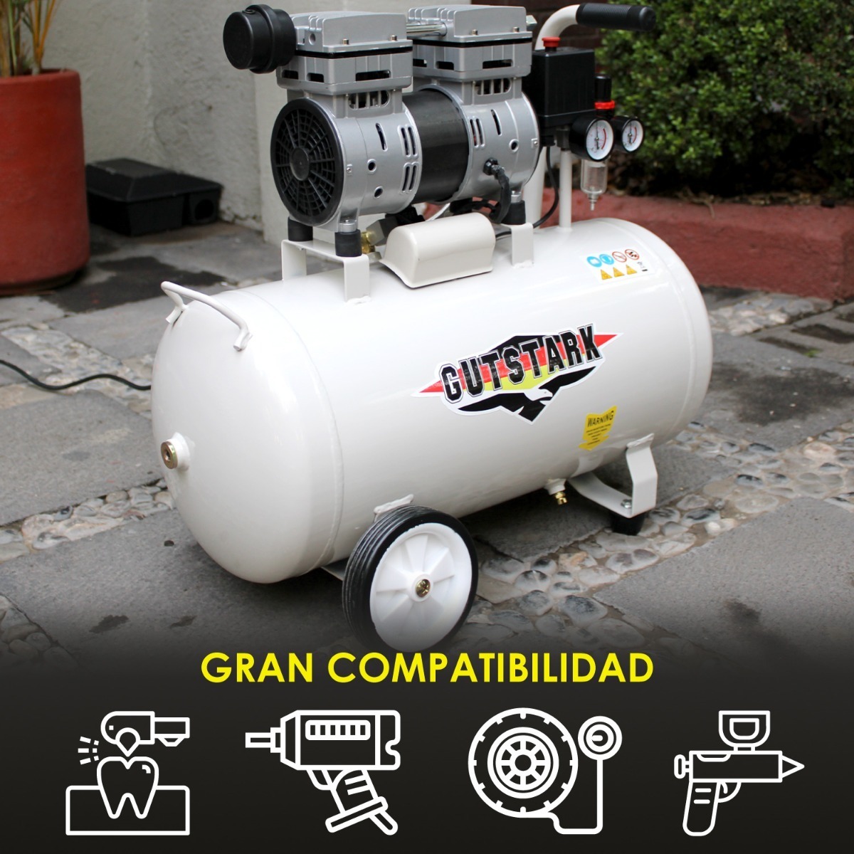 Compresor Aire Electrico 50L Silencioso 1hp 116 psi Tanque Portatil Libre de Aceite 750 W  1680 RPM Gutstark