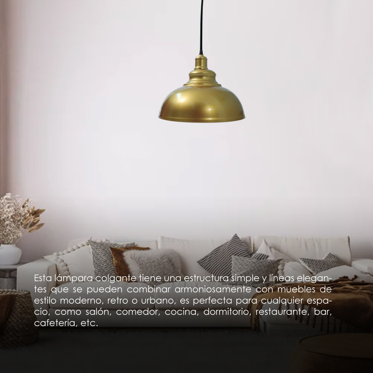 Lampara de techo colgante vintage de Campana dorada acabado latón 30 cm de diámetro