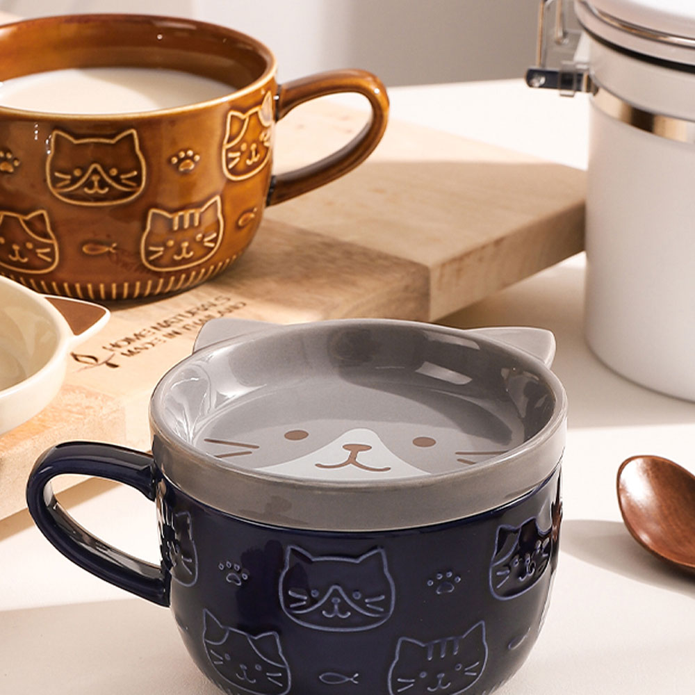 Taza de Cerámica con Relieve, Tapa Diseño Gato Regalos Orginales