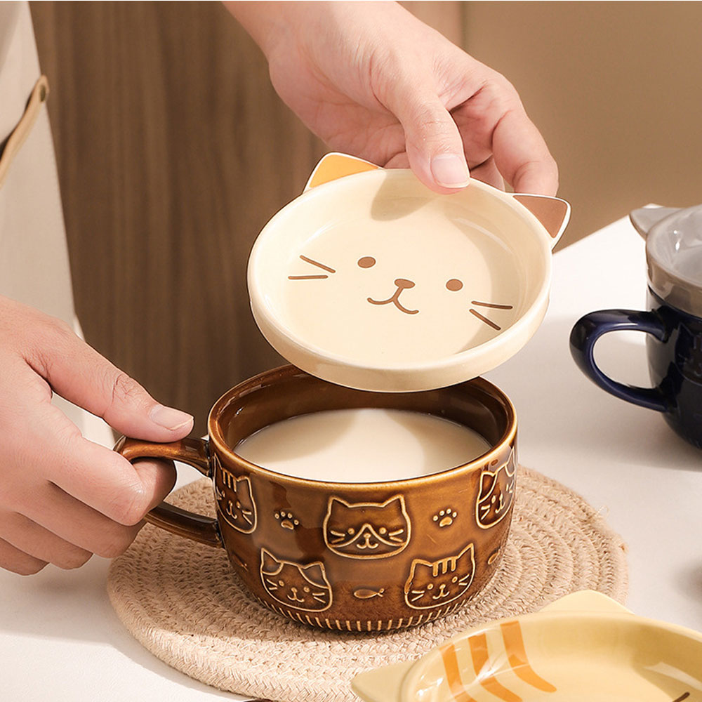 Taza de Cerámica con Relieve, Tapa Diseño Gato Regalos Orginales