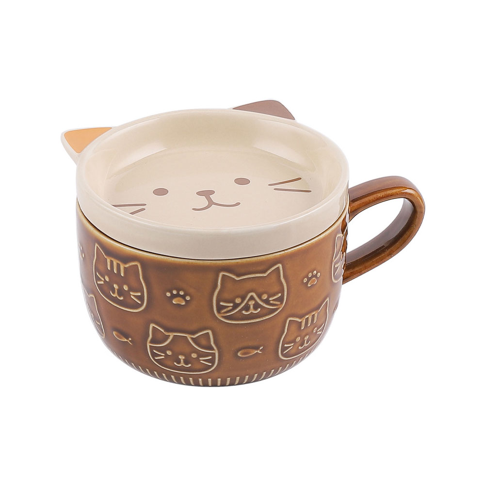 Taza de Cerámica con Relieve, Tapa Diseño Gato Regalos Orginales