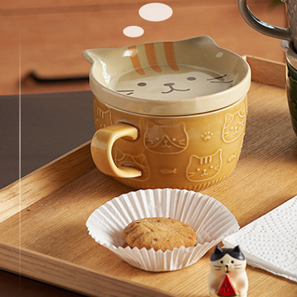 Taza de Cerámica con Relieve, Tapa Diseño Gato Regalos Orginales