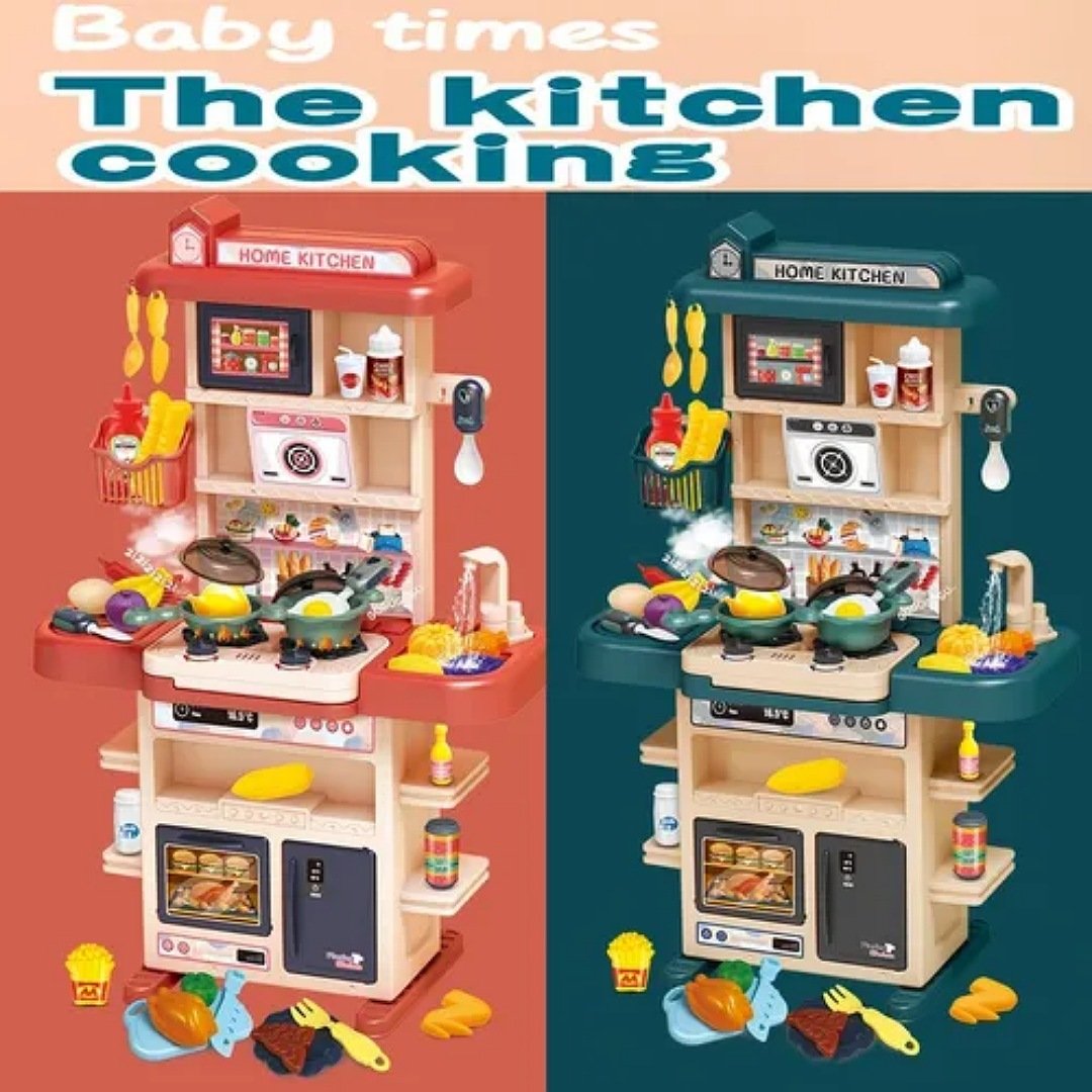 Juego de cocina para niños pequeños de 43 piezas, comida de simulación,  sonidos y luces reales, fregadero de juegos, estufa de cocina con vapor