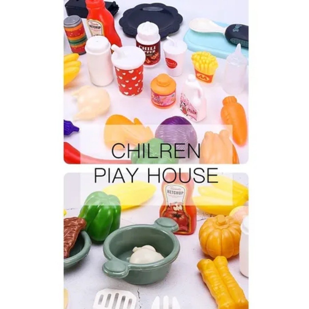 Juego de cocina para niños pequeños de 43 piezas, comida de simulación,  sonidos y luces reales, fregadero de juegos, estufa de cocina con vapor