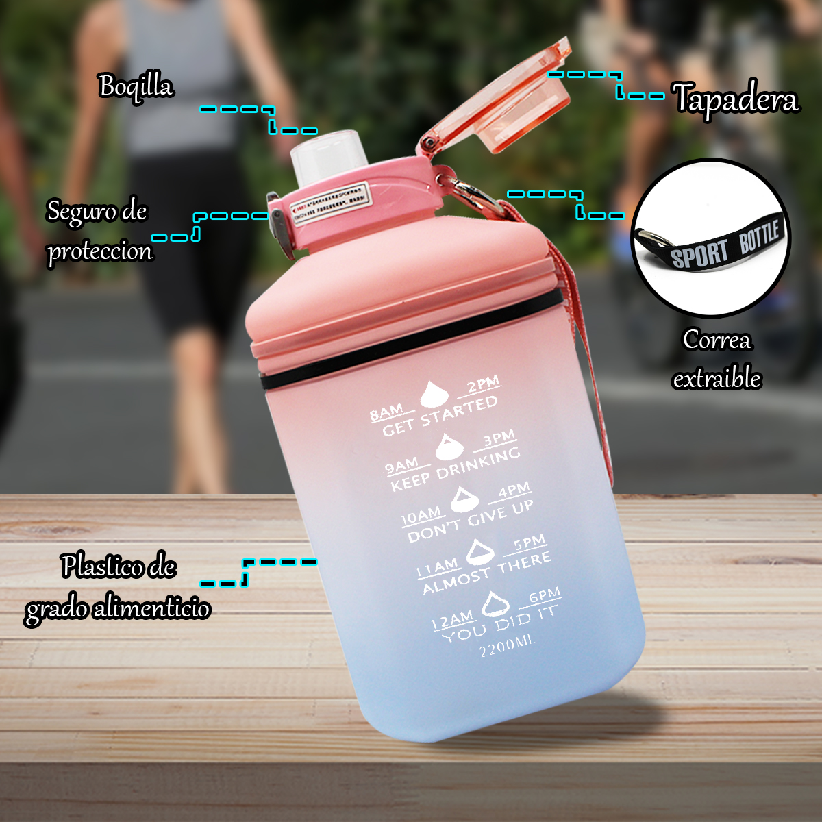 Botella De Agua Motivacional Sport Gym 2 Litros Deportiva Efecto degradado