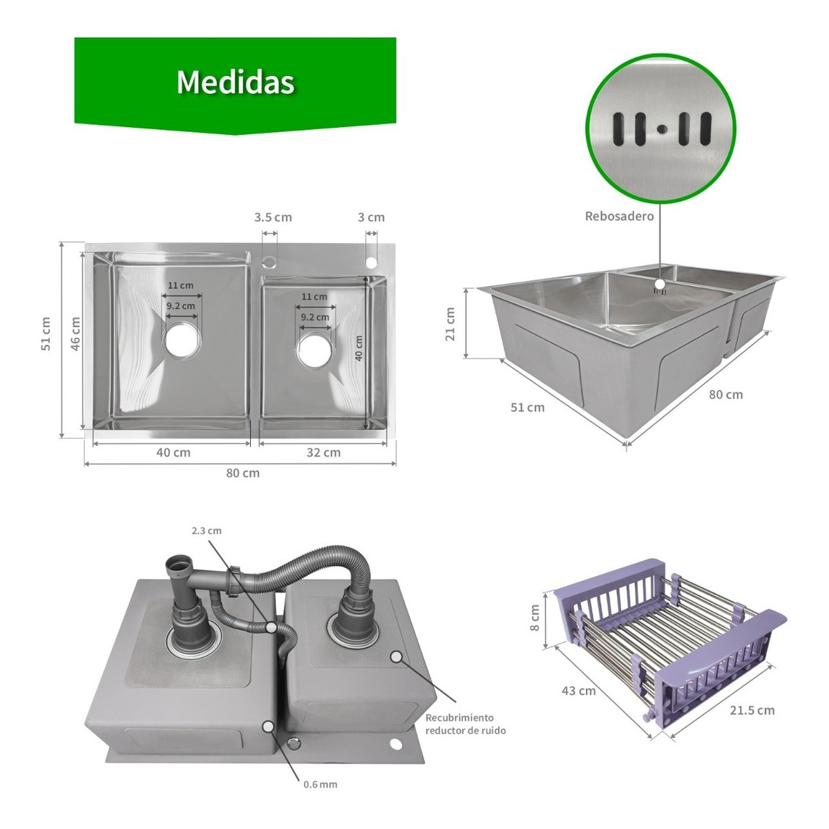 Fregadero Tarja Doble Acero Inoxidable 2 Tinas Empotrable 5.5 X 46.5 X 21 cm Incluye Escurridor y Dispensador de Jabon Gutstark