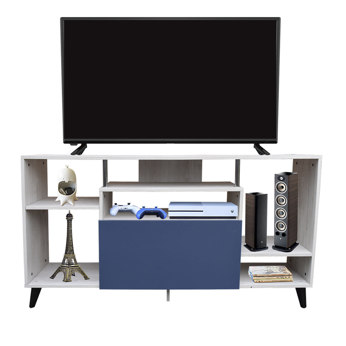 Centro De Entretenimiento Ibiza, Mueble Tv Funcional Hogare, Minimalista e Ideal Blanco Azul 