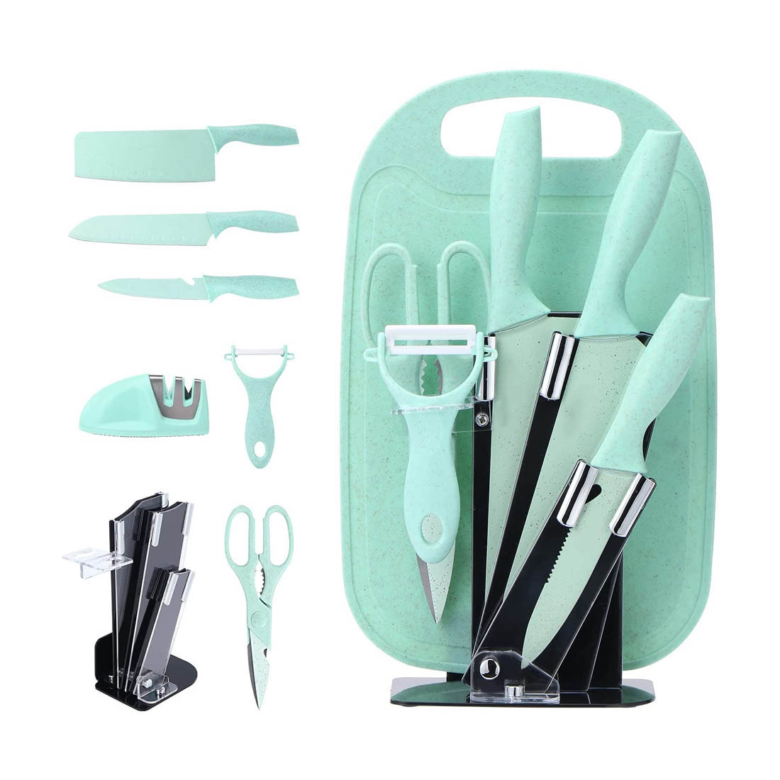 Set De Cuchillos Con Base Y Tabla Para Picar