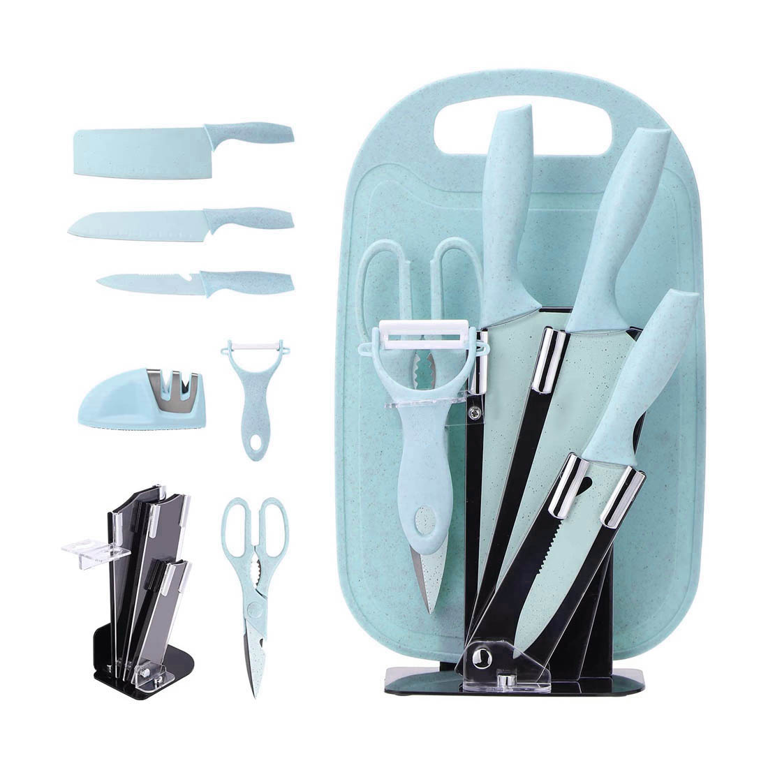 Set De Cuchillos Con Base Y Tabla Para Picar