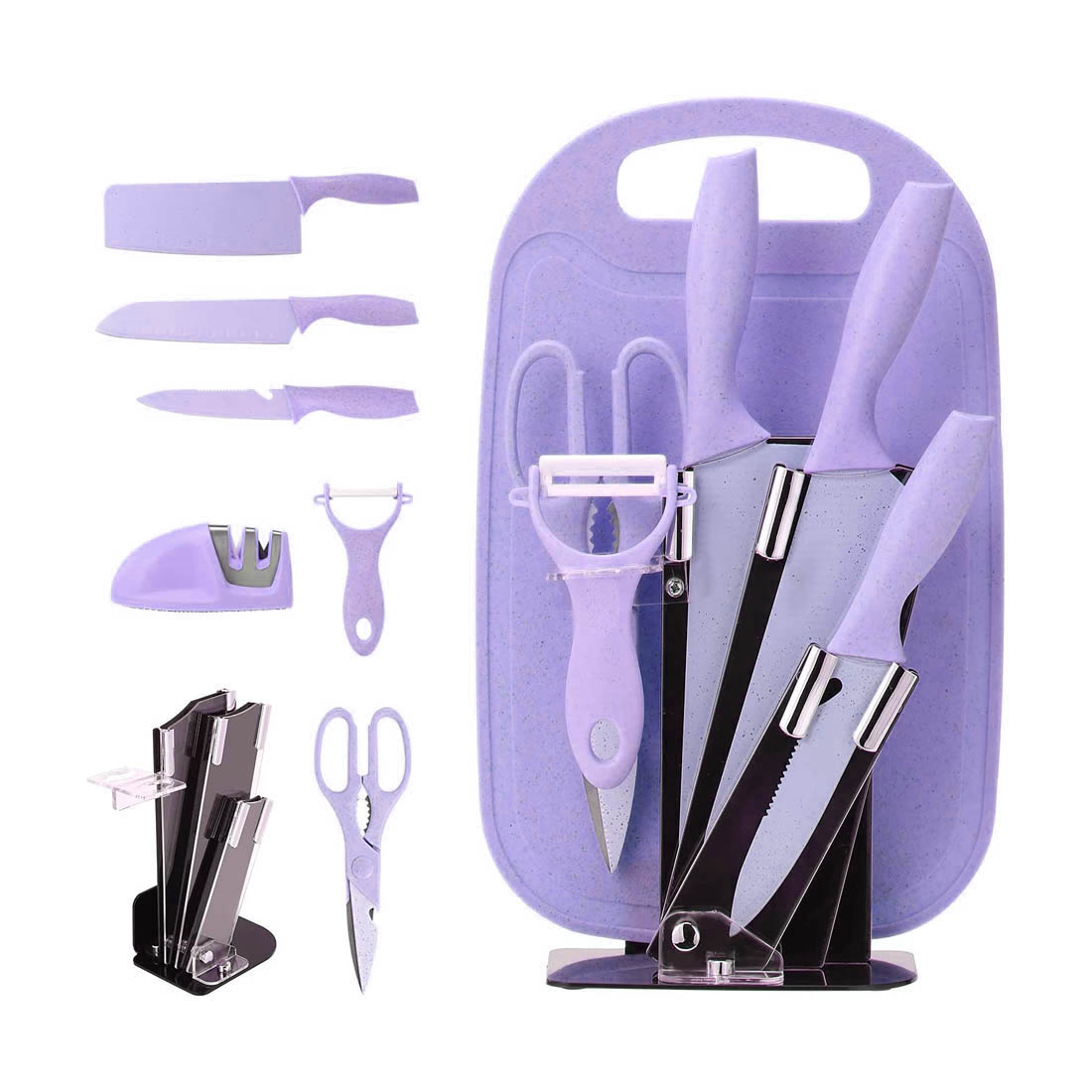 Set De Cuchillos Con Base Y Tabla Para Picar