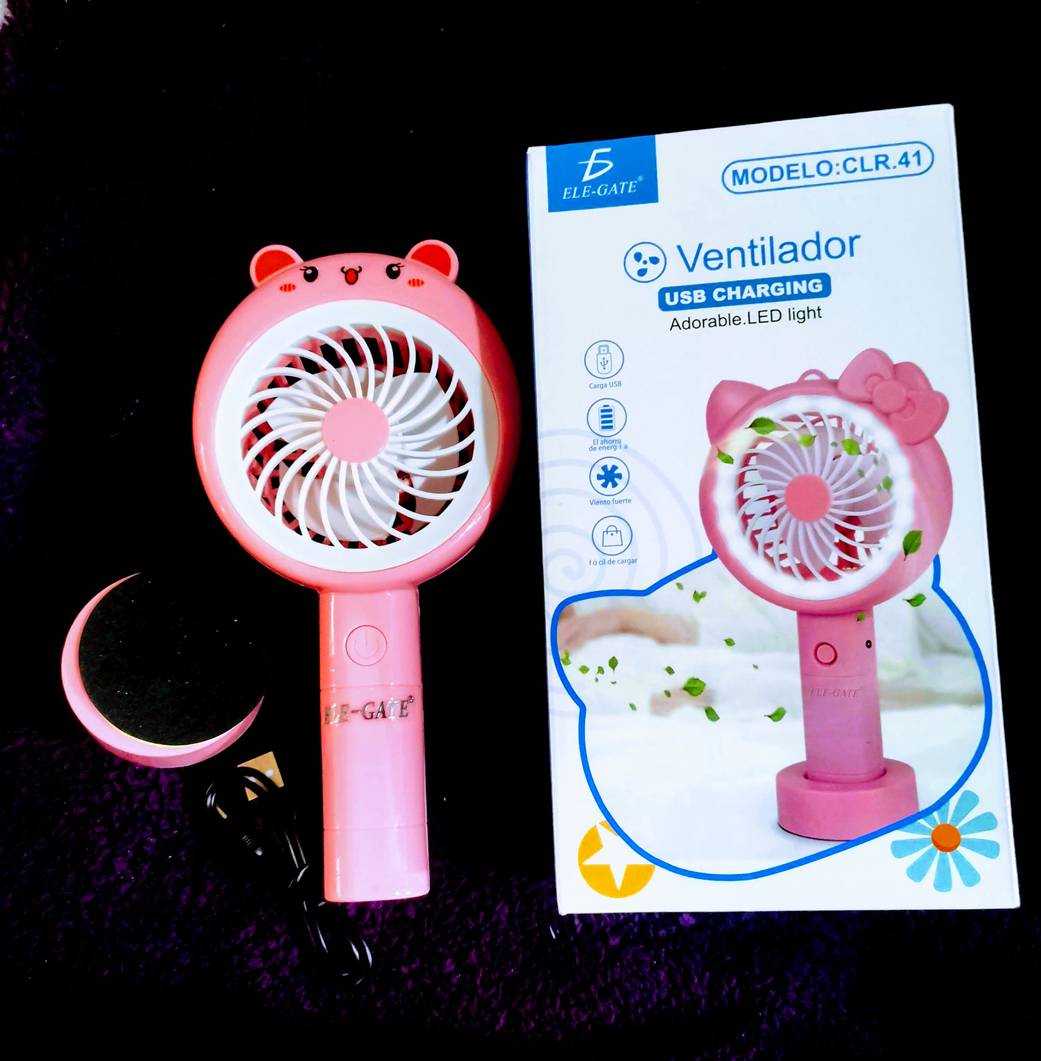 MINI VENTILADOR PERSONAL ROSA con cargador USB portatil CON DISEÑO DE OSITO