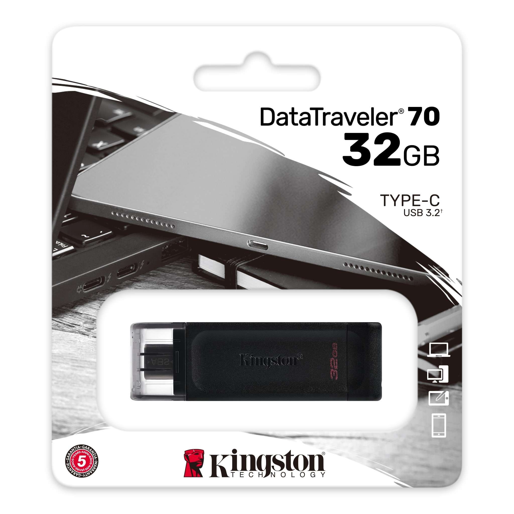 Memoria USB-C Kingston DataTraveler 70 DT70 32GB 3.2 Gen 1 negro DataTraveler tipo C