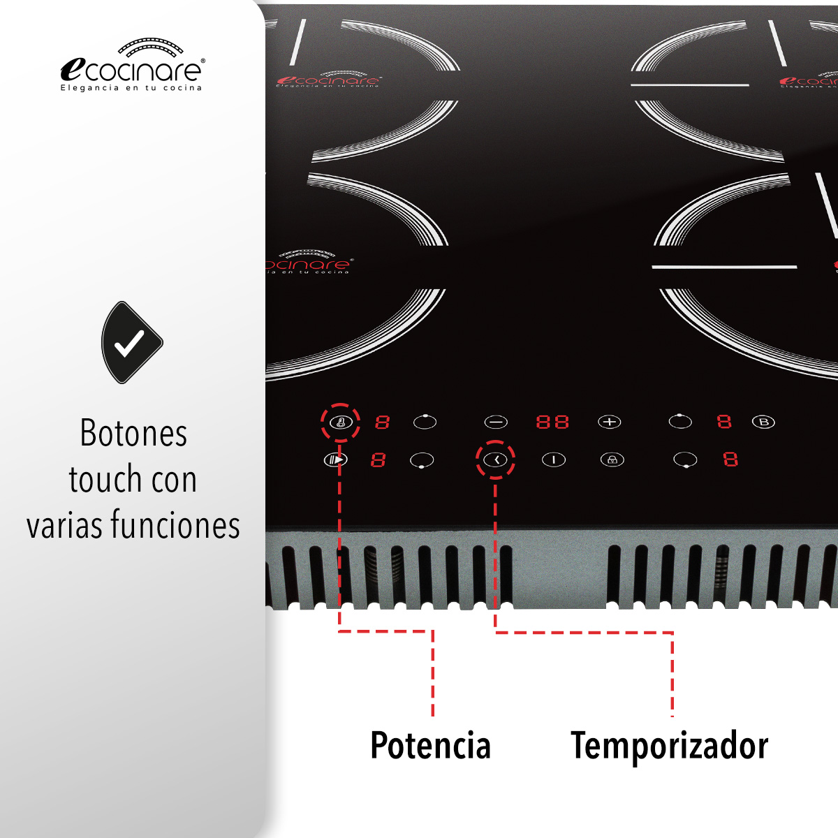 Estufa Parrilla de Inducción Magnética 4 Quemadores / Empotrable / Botones Touch / Ahorra Energía / Funcion de Temporizador y Bloqueo para Niños