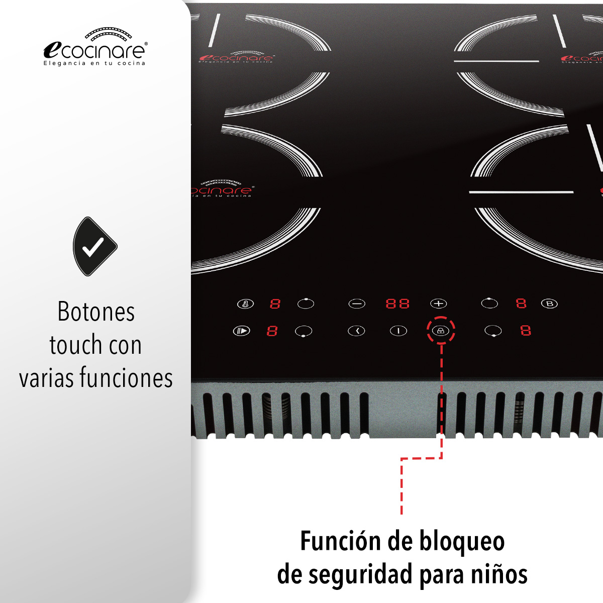 Estufa Parrilla de Inducción Magnética 4 Quemadores / Empotrable / Botones Touch / Ahorra Energía / Funcion de Temporizador y Bloqueo para Niños