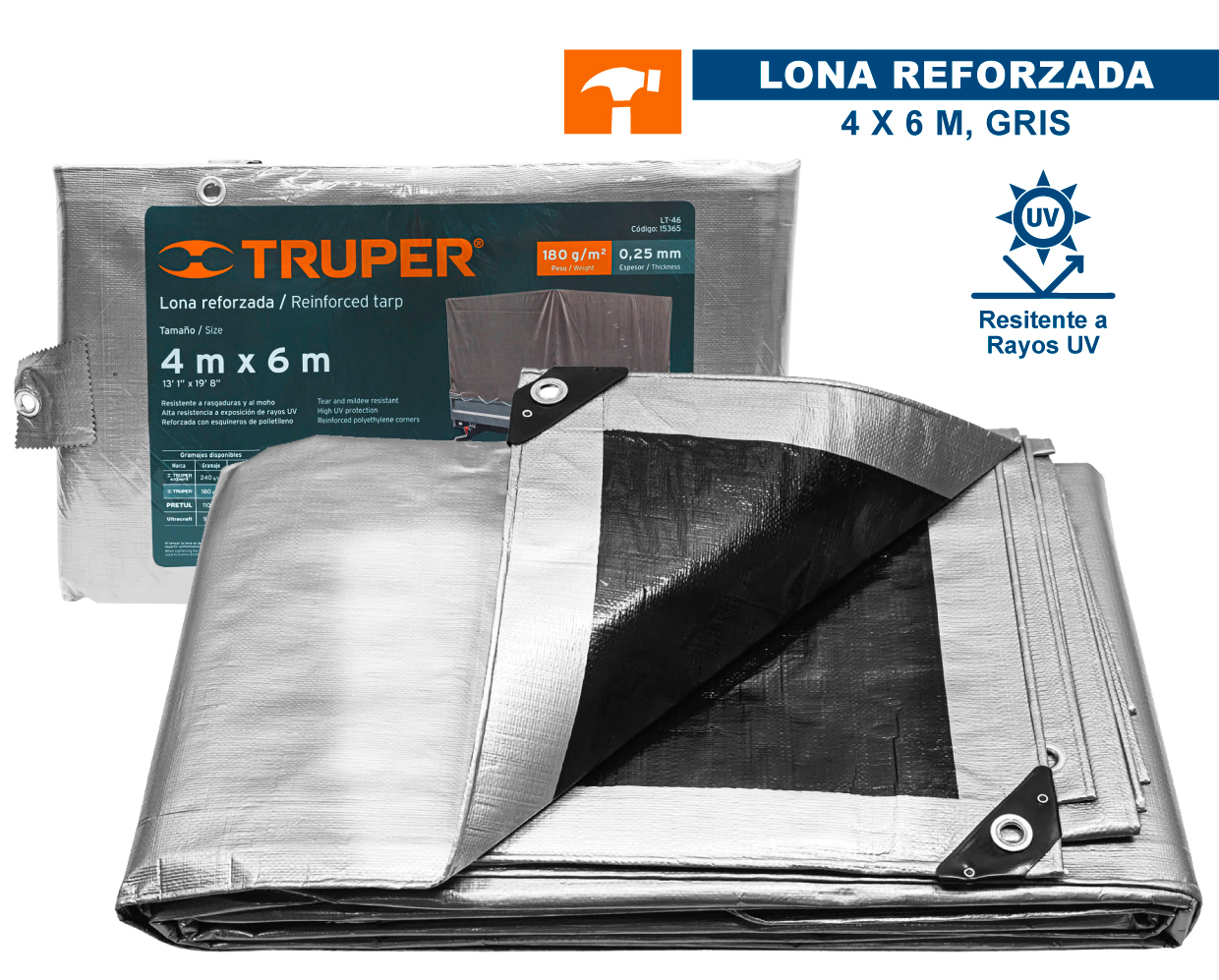 Lona Reforzada, 4 X 6, Gris , Truper 15365