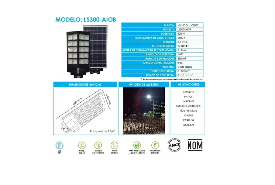 Lampara Led 300w Panel Solar Alumbrado Publico Suburbana
