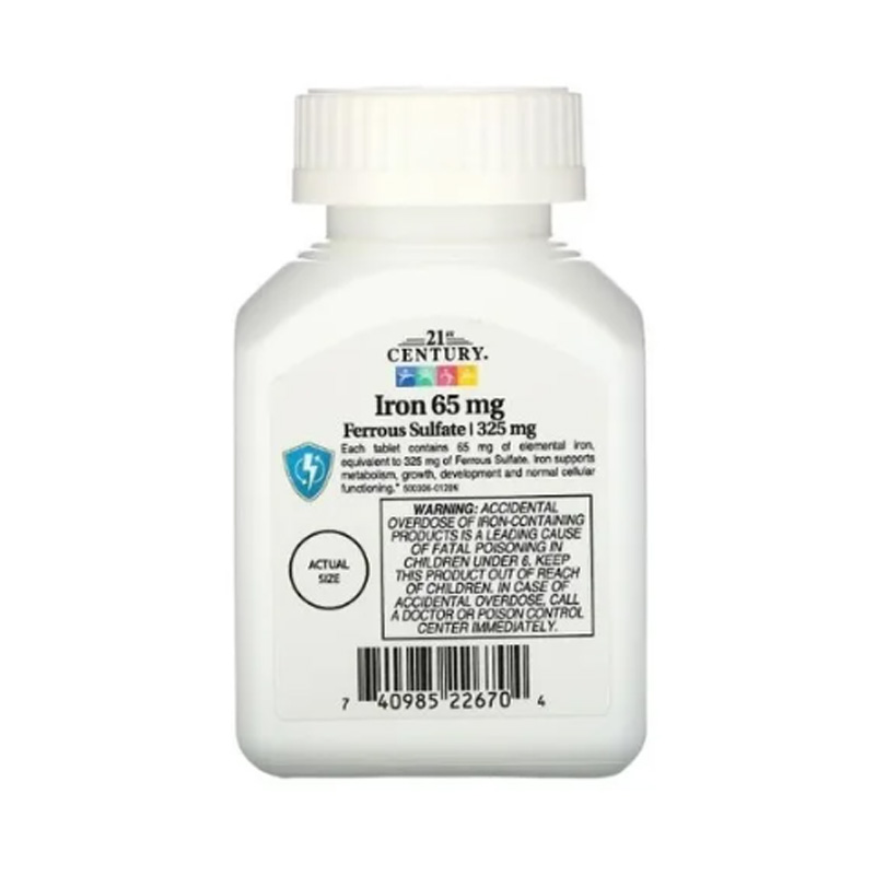 Hierro 65mg Century 21st + Sulfato Ferroso 325mg 120 cápsulas Ayuda Globulos Rojos 