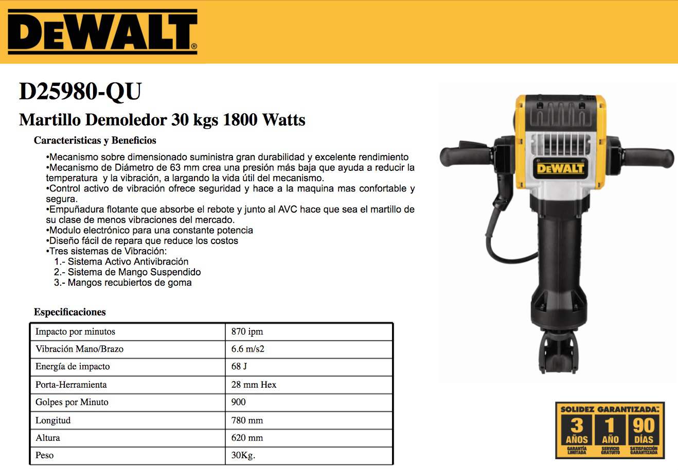 DEMOLEDOR DEWALT 30KG 1800W 900GPM HEX 1-1/8 D25980