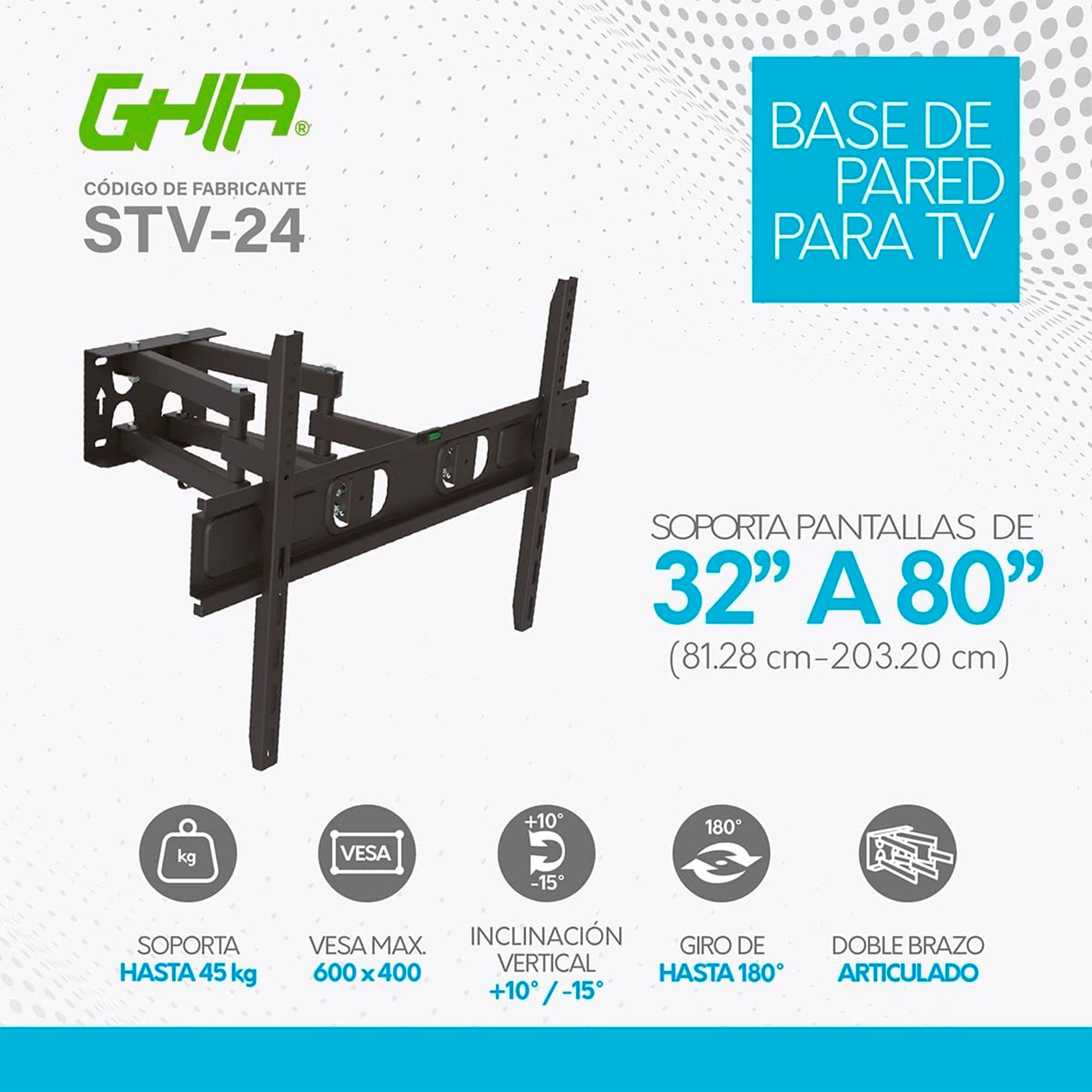 Soporte Articulado para Pantallas de 32'' a 80'', 45 KG, con Inclinación y Ajuste Horizontal, Ghia STV-24