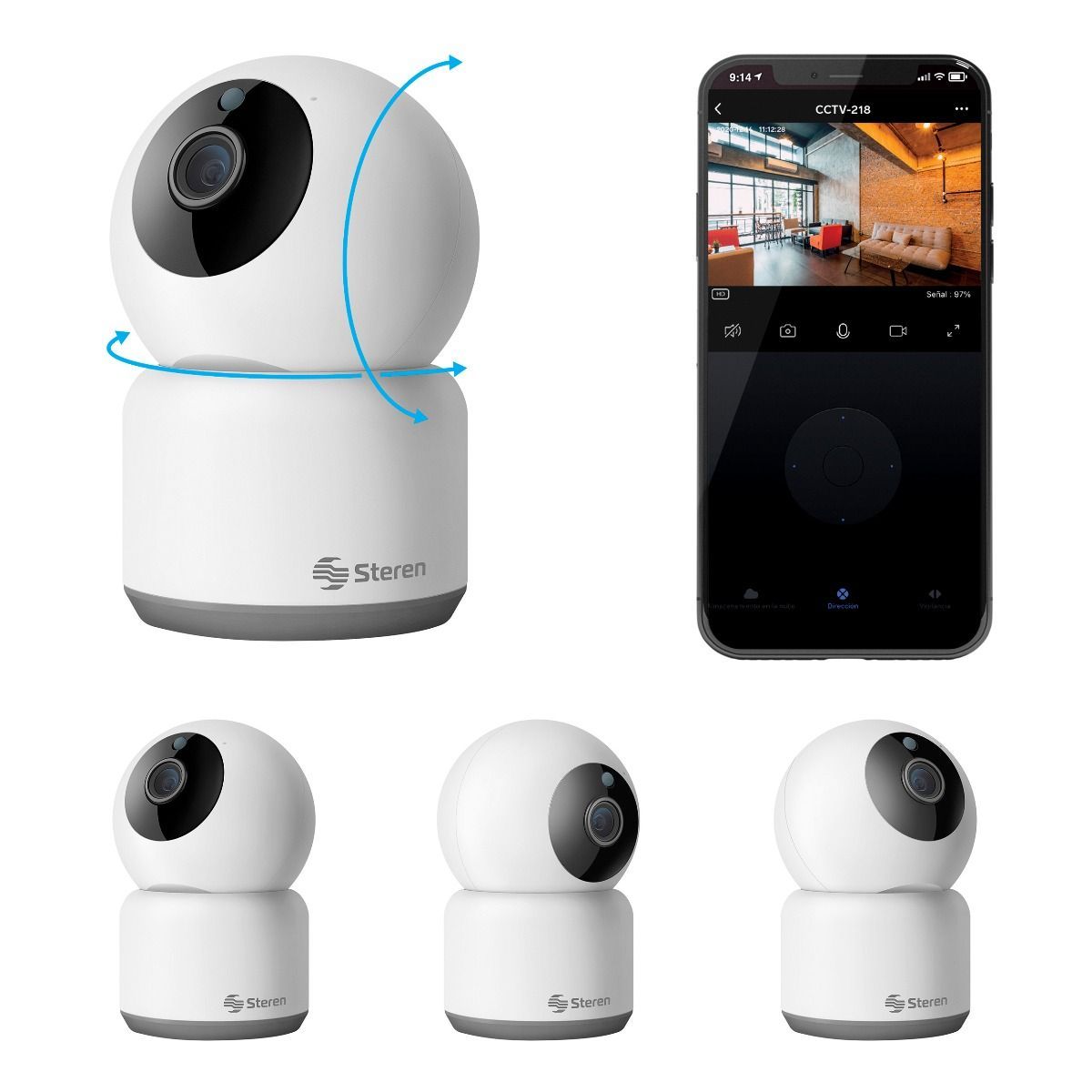 Cámara De Seguridad Wi Fi Full HD Robotizada Con Micrófono Y Bocina Con Visión Nocturna Y Sensor De Movimiento Steren