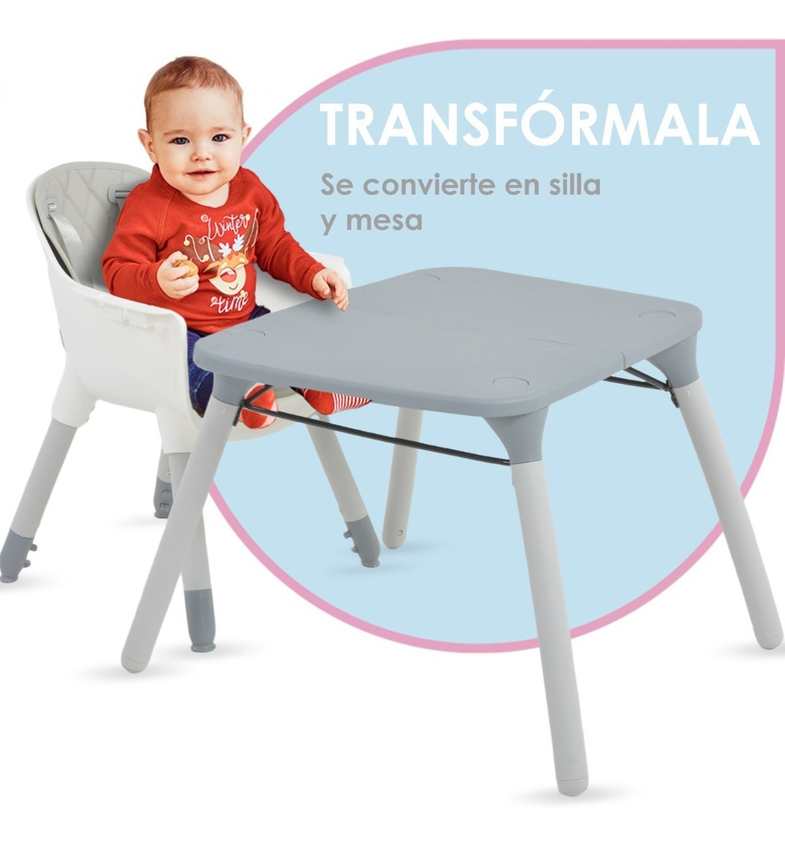 Periquera Alta Silla Para Bebe Niños 4 En 1 Mesita Gris Little Monkey