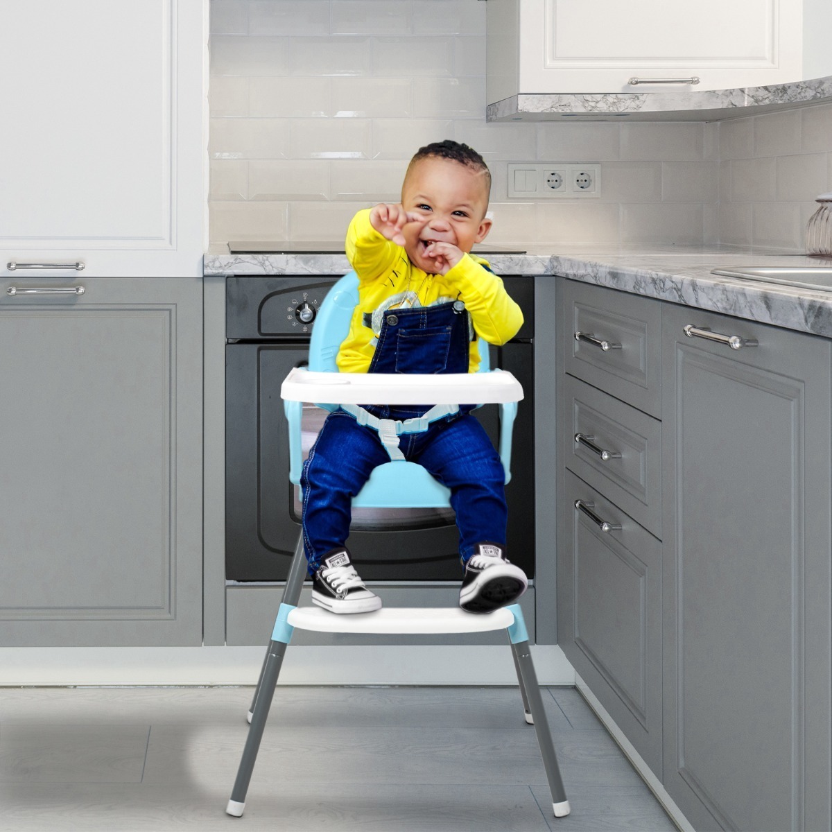 Periquera Alta Silla para Bebe Infantil Convertible 3 En 1 Color Azul