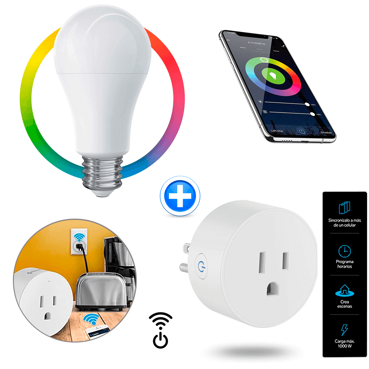 Contacto Wi-Fi, 2,4 GHz Tomacorriente inteligente Mas Foco LED Wi-Fi Foco Inteligente Bombilla Multicolor