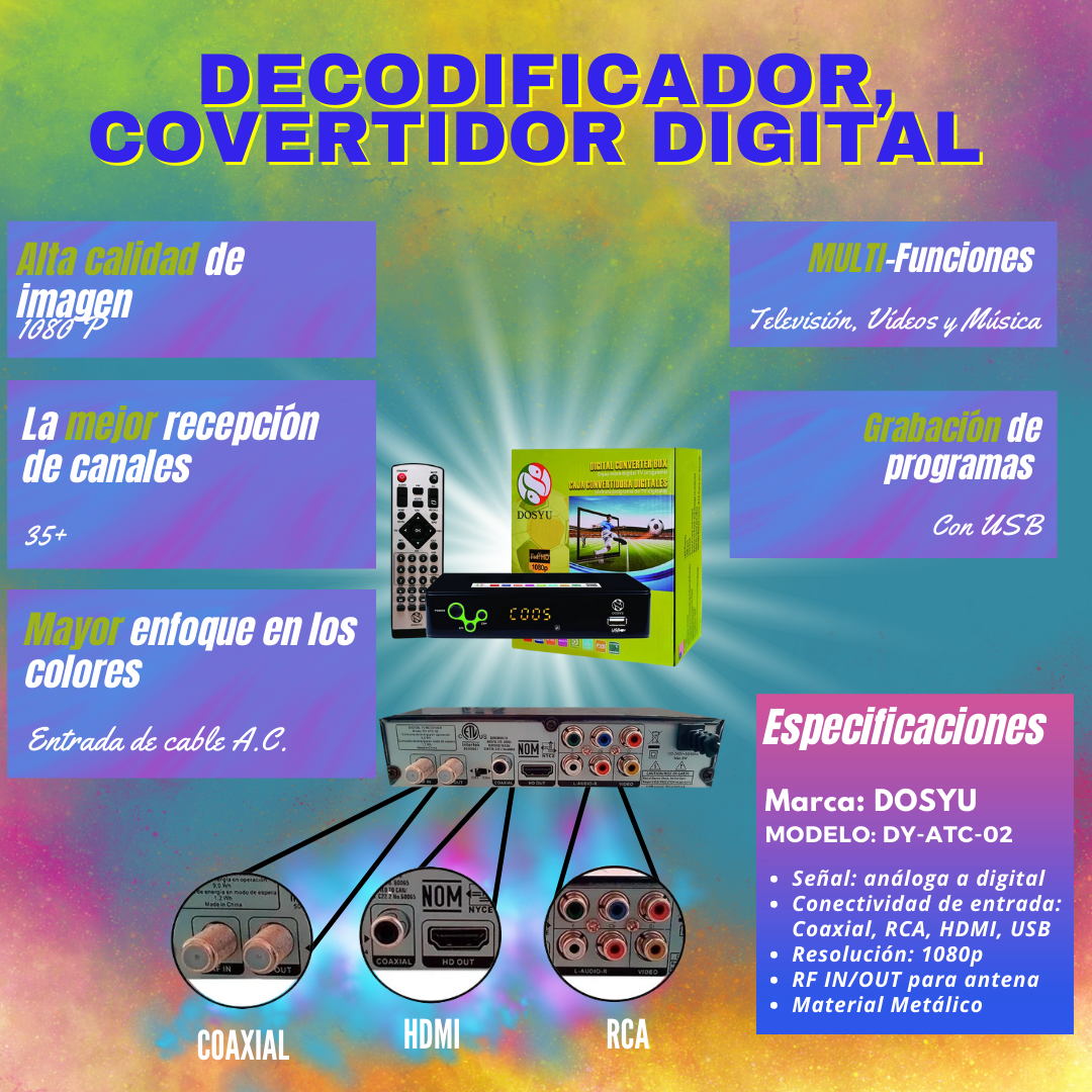 Decodificador digital para televisión, convertidor TV a canales digitales  de alta definición 1080p TV FULL HD señal digital HDMI DOSYU DY-ATC-03  DOSYU DY-ATC-03