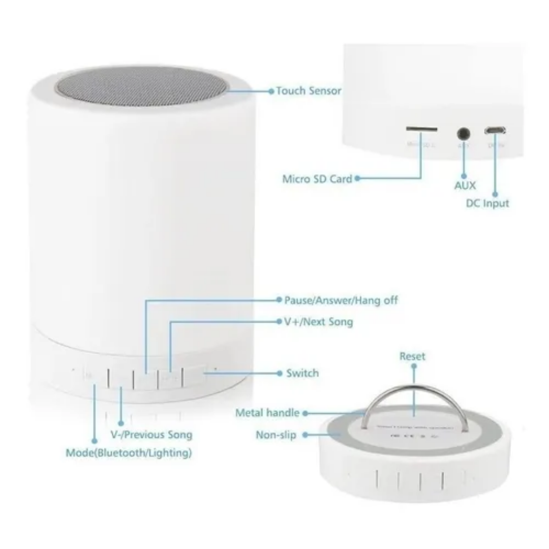 Bocina Bluetooth Y Lámpara De Mesa Led Recargable Touch
