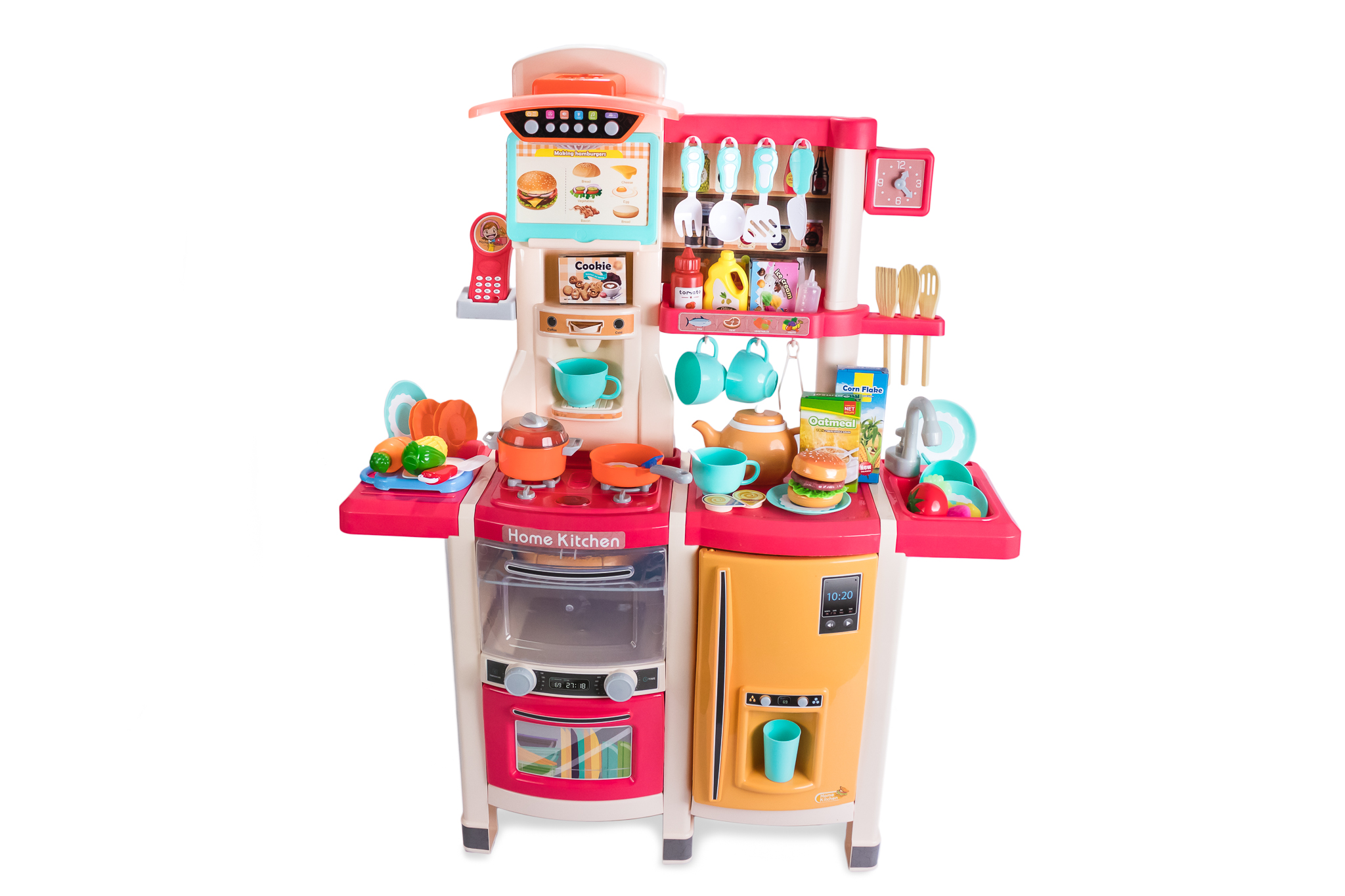 Cocina de juguete interactiva con efectos de luz, sonido, vapor, cocción y agua, color rosa