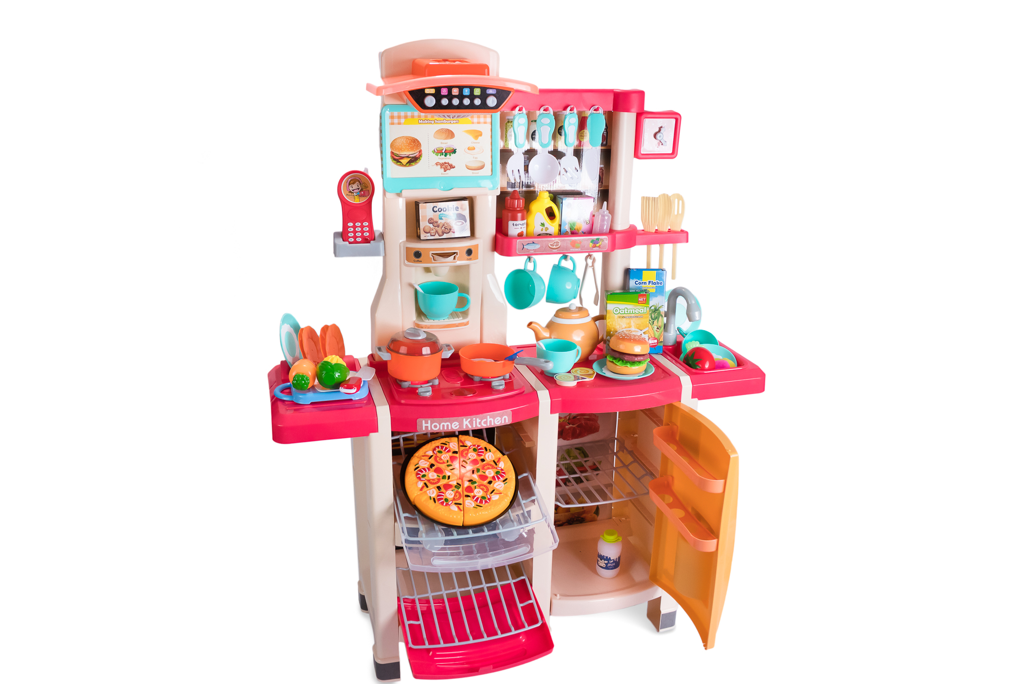Cocina de juguete interactiva con efectos de luz, sonido, vapor, cocción y agua, color rosa