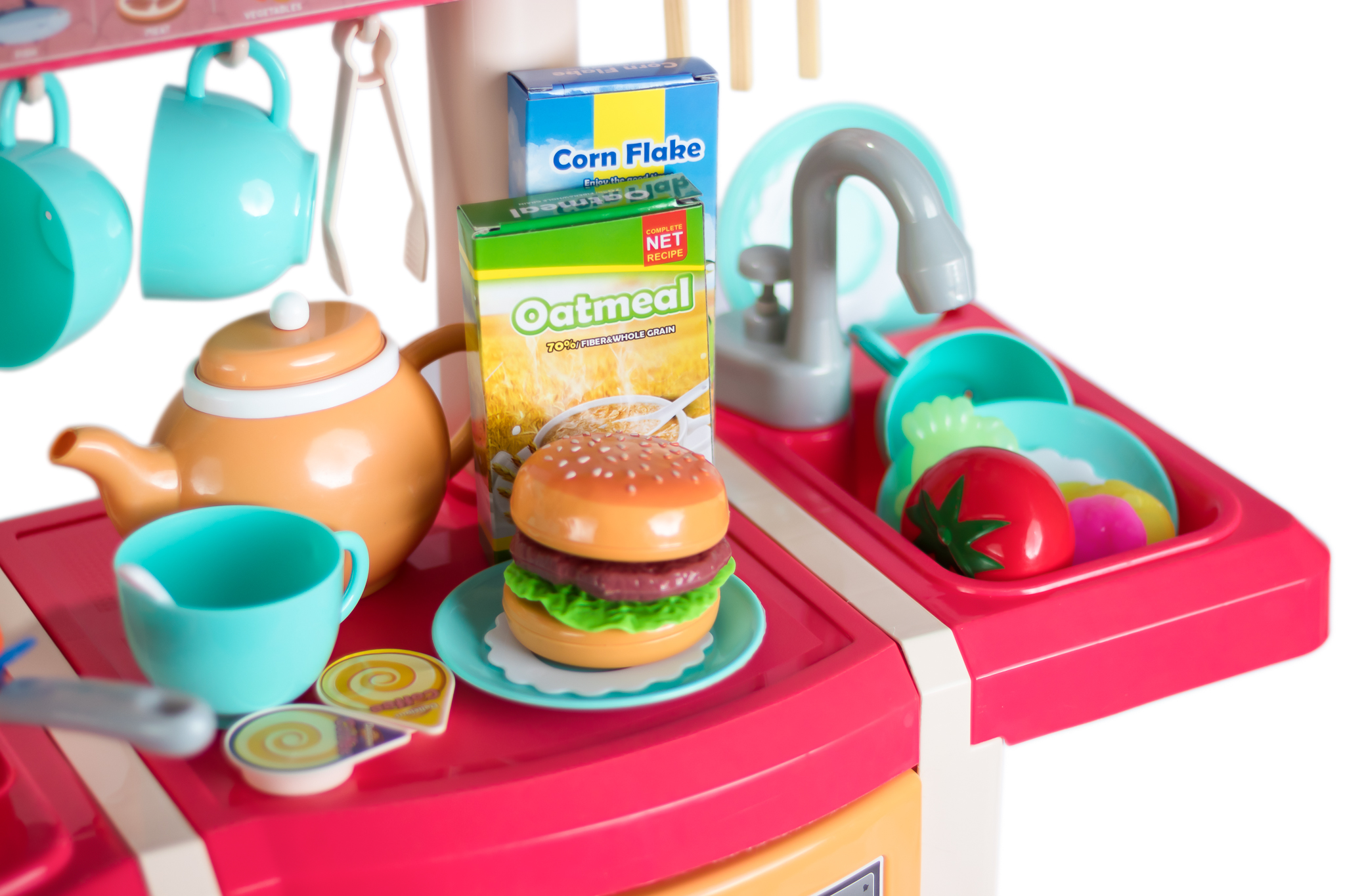 Cocina de juguete interactiva con efectos de luz, sonido, vapor, cocción y agua, color rosa