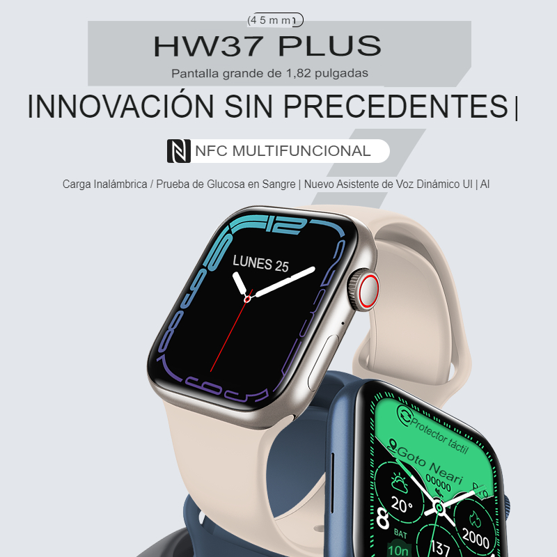 Reloj inteligente HW37 Plus, Serie 7, carga inalámbrica, llamadas bluetooth, asistente de voz (Siri y Google), sensores de presión arterial, oxigenación de la sangre, ritmo cardiaco, monitor de sueño, entre otras. Compatible con Android y iPhone.