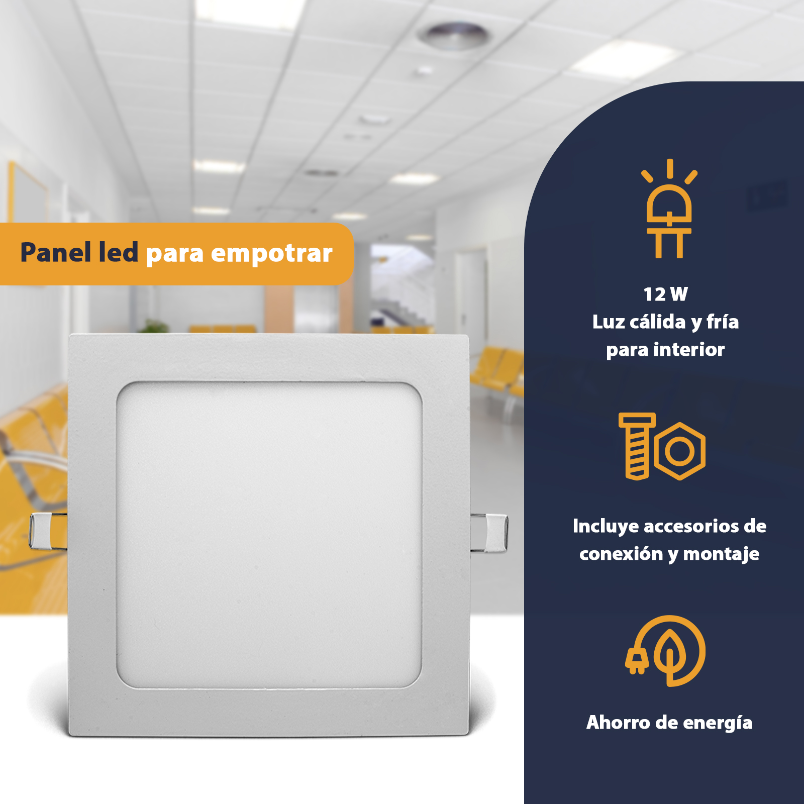 Lampara Panel Led Slim Cuadrado 12w de Techo Empotrable Sula