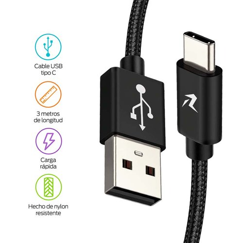 Cable USB Tipo C de 3 Metros de Nylon Resistente Largo Redlemon