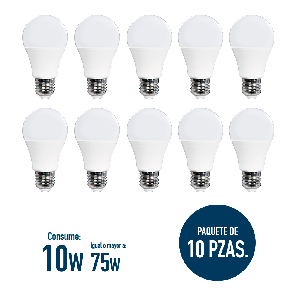 Foco Icon Led 10w A60 Luz Blanca Ilumina 75w Pack 10 Pzas