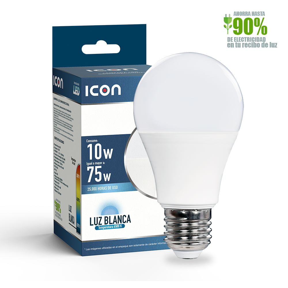 Foco Icon Led 10w A60 Luz Blanca Ilumina 75w Pack 10 Pzas