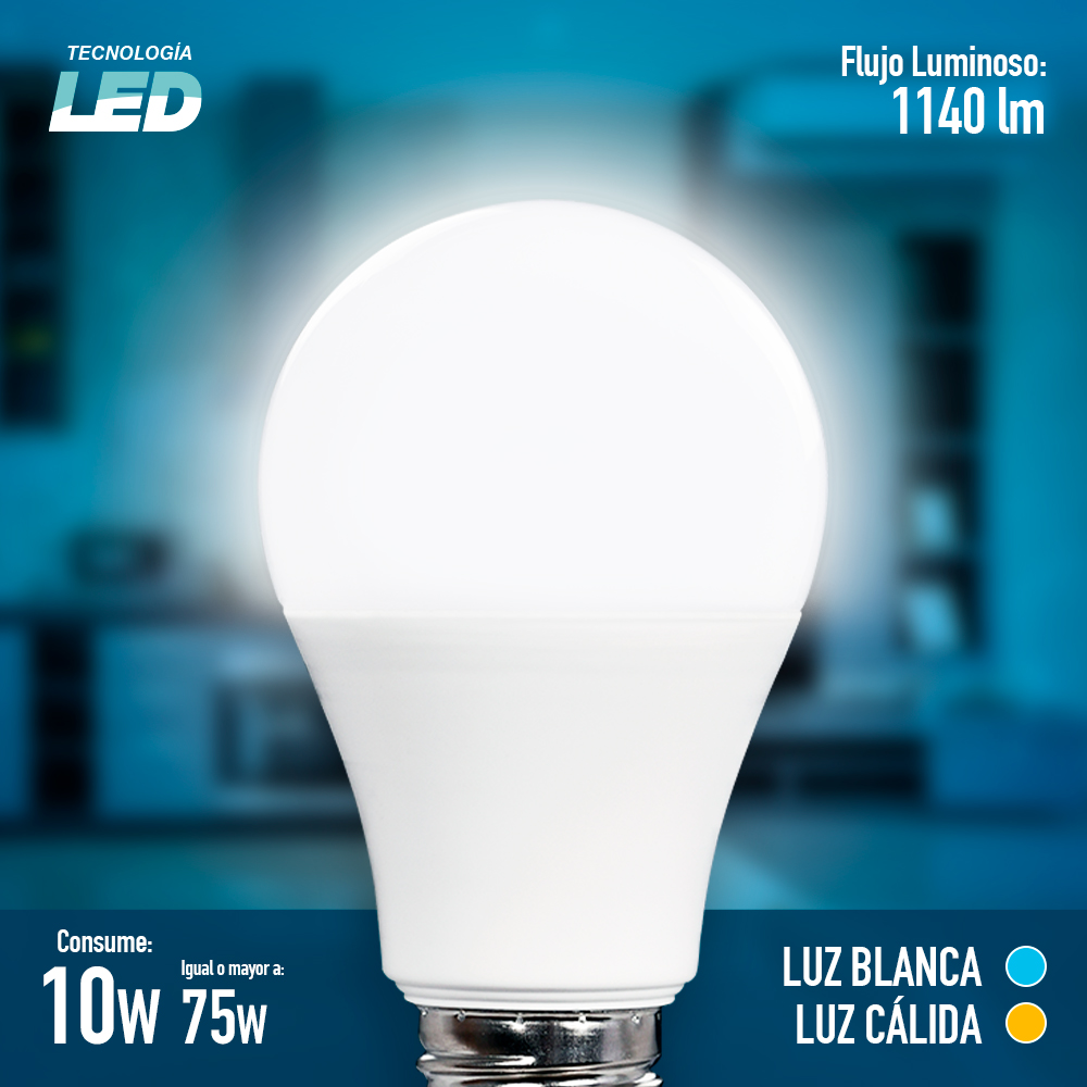 Foco Icon Led 10w A60 Luz Blanca Ilumina 75w Pack 10 Pzas