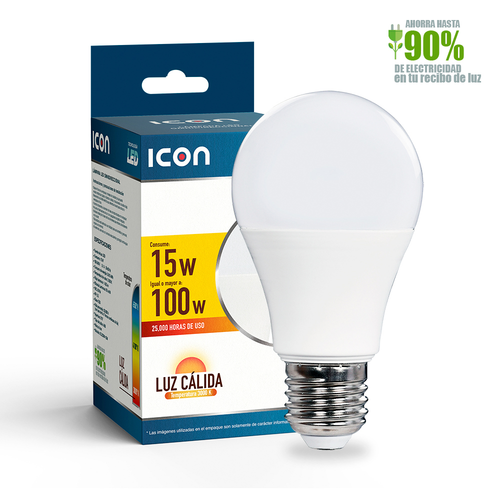 Foco Icon Led 15w A65 Luz Cálida Ilumina 100w Pack 10 Pzas