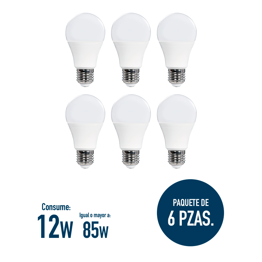 Foco Icon Led Ahorrador 12w A60 Luz Blanca Ilumina 75w 6 Pzas
