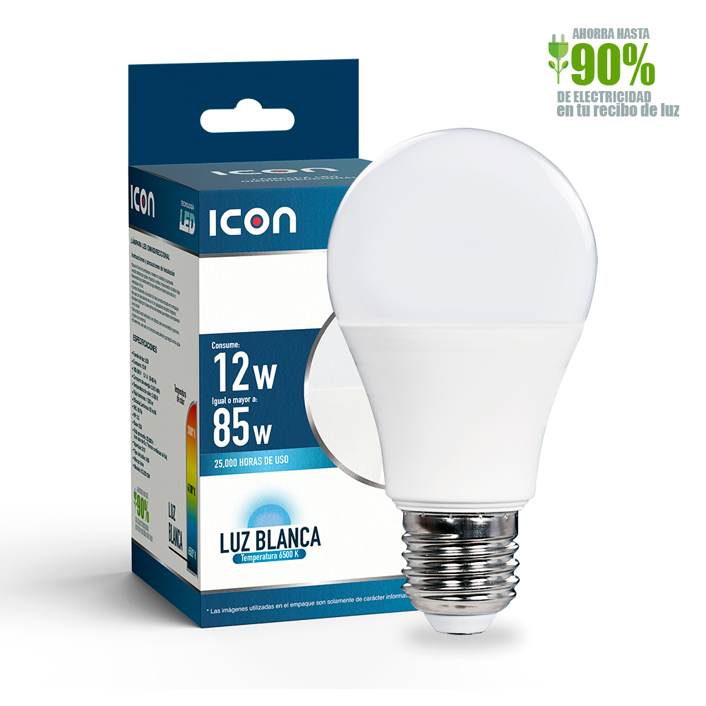 Foco Icon Led Ahorrador 12w A60 Luz Blanca Ilumina 75w 6 Pzas